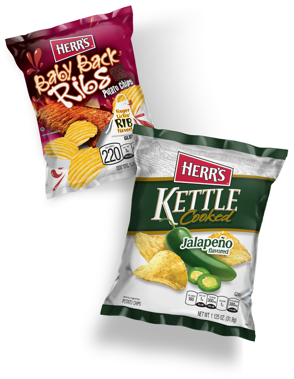Bag of Herr's Baby Back Ribs potato chips and Herr's Kettle Cooked Jalapeno chips